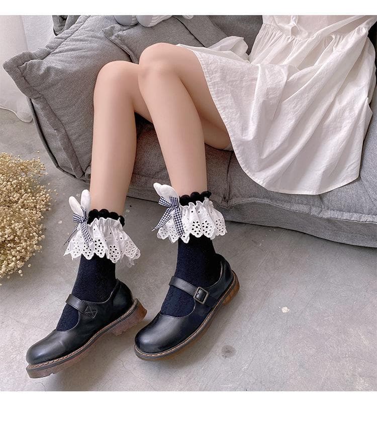 Whimsical Fall Academia: Gingham Bow & Bunny Ear Lace Ankle Socks for Women