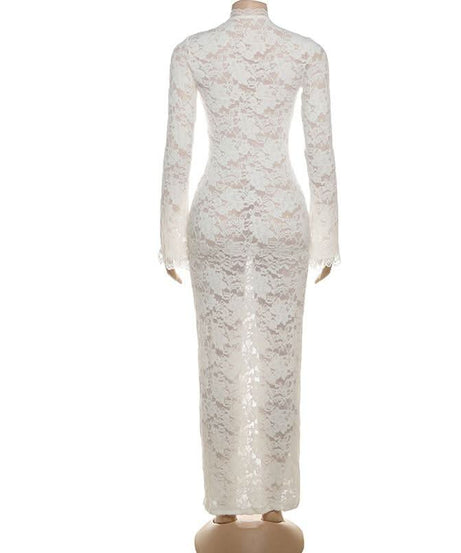 Sultry White Lace Bell Sleeve Maxi Dress | High Slit & Lace-Up Front | Resort & Winter Getaway Essential