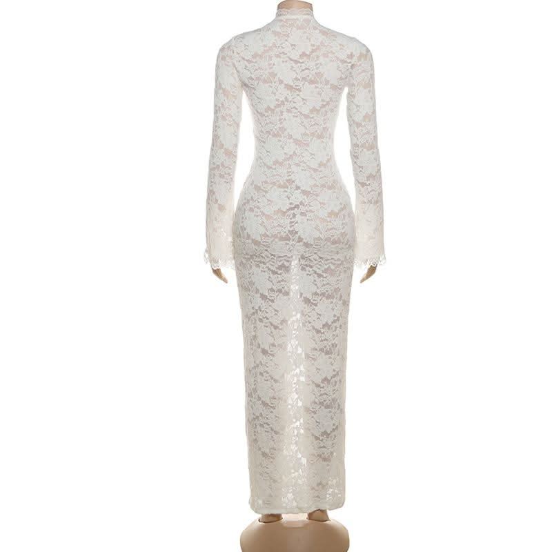 Sultry White Lace Bell Sleeve Maxi Dress | High Slit & Lace-Up Front | Resort & Winter Getaway Essential