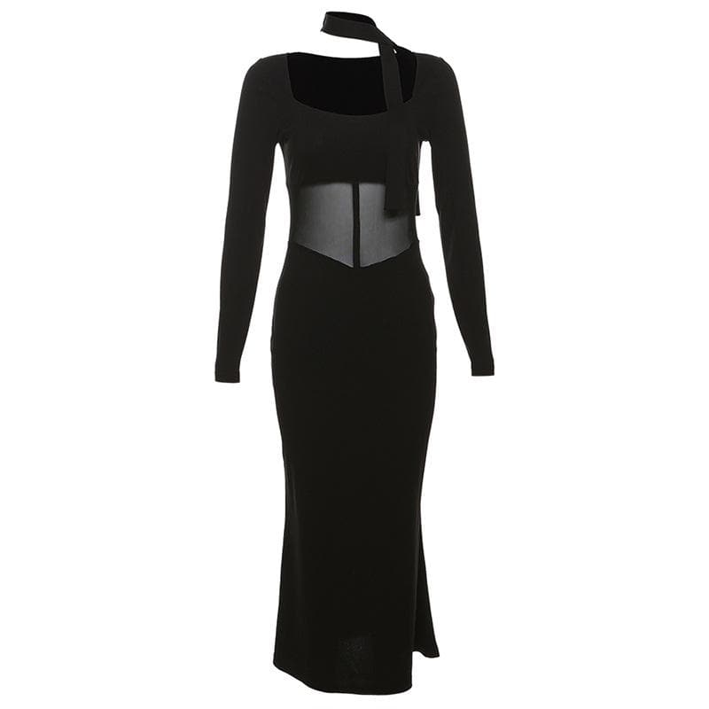 Alluring Black Mesh Illusion Long Sleeve Midi Dress - Your Go-To for Fall & Holiday Parties
