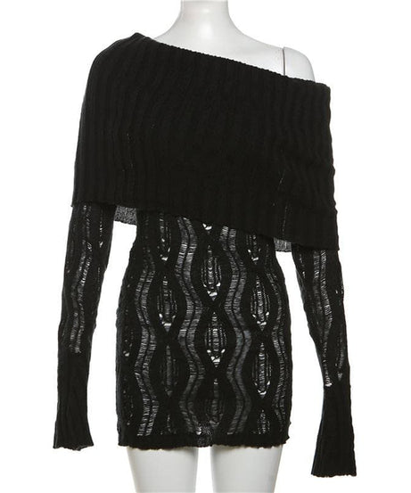 Sultry Black Crochet Off-Shoulder Mini Dress - Fall Party & Night Out Essential
