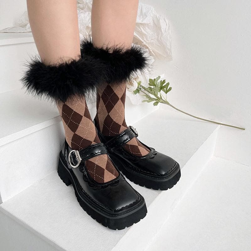 Cozy Fall Argyle & Faux Fur Statement Socks for Women