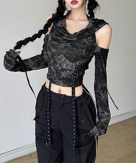 Mystique Velvet Cold Shoulder Cropped Hoodie | Edgy Studded Gothcore Top for Fall & Halloween