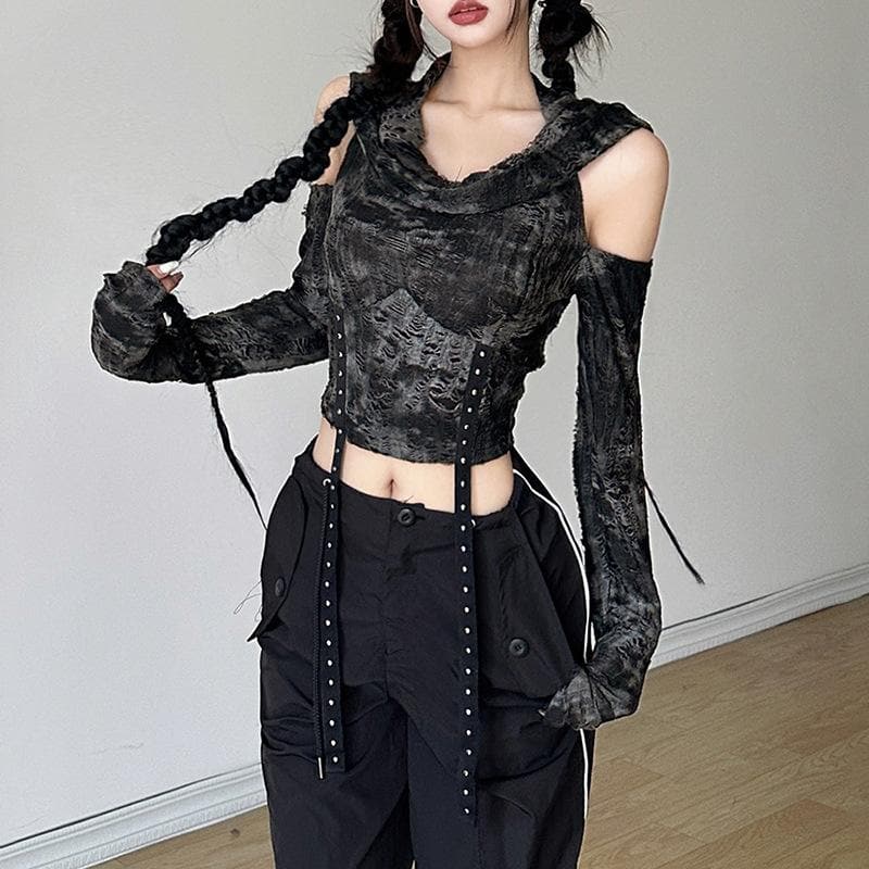 Mystique Velvet Cold Shoulder Cropped Hoodie | Edgy Studded Gothcore Top for Fall & Halloween