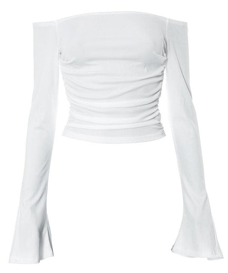 Effortless Fall Chic: Ribbed Off-Shoulder Ruched Top with Bell Sleeves