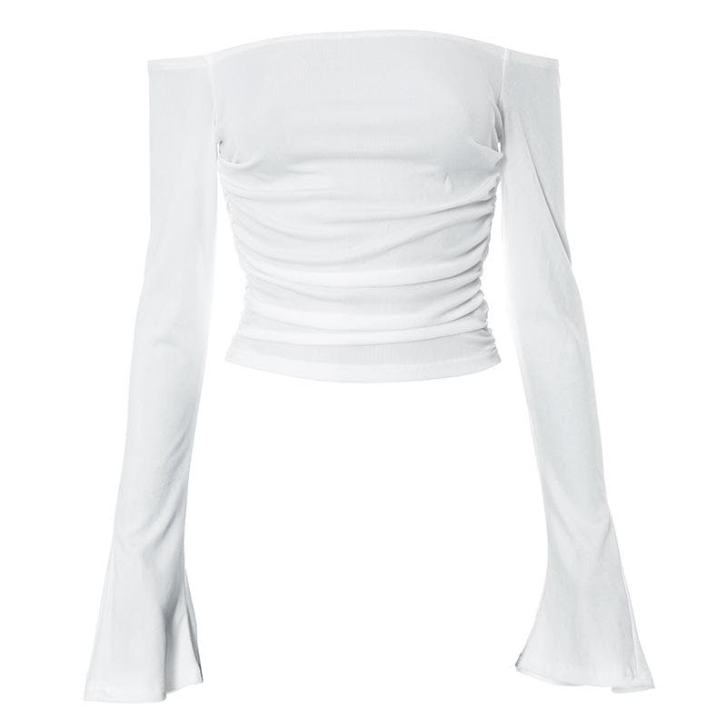 Effortless Fall Chic: Ribbed Off-Shoulder Ruched Top with Bell Sleeves