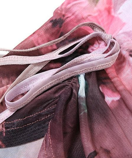 Autumn Rose Rendezvous Asymmetrical Mesh Top - Flared Sleeves & Tie Detail