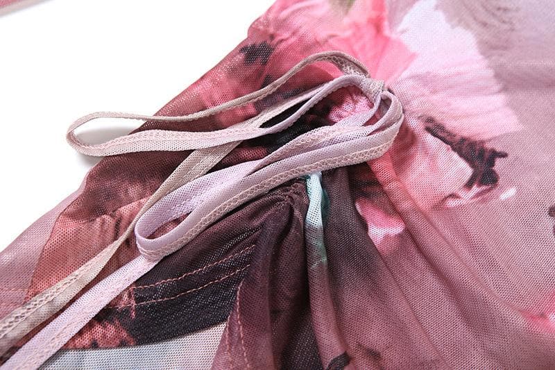 Autumn Rose Rendezvous Asymmetrical Mesh Top - Flared Sleeves & Tie Detail