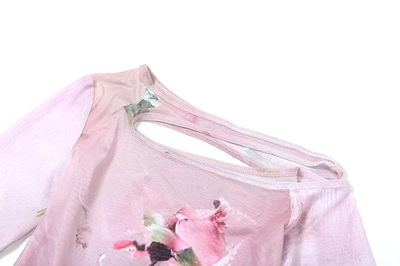 Autumn Rose Rendezvous Asymmetrical Mesh Top - Flared Sleeves & Tie Detail