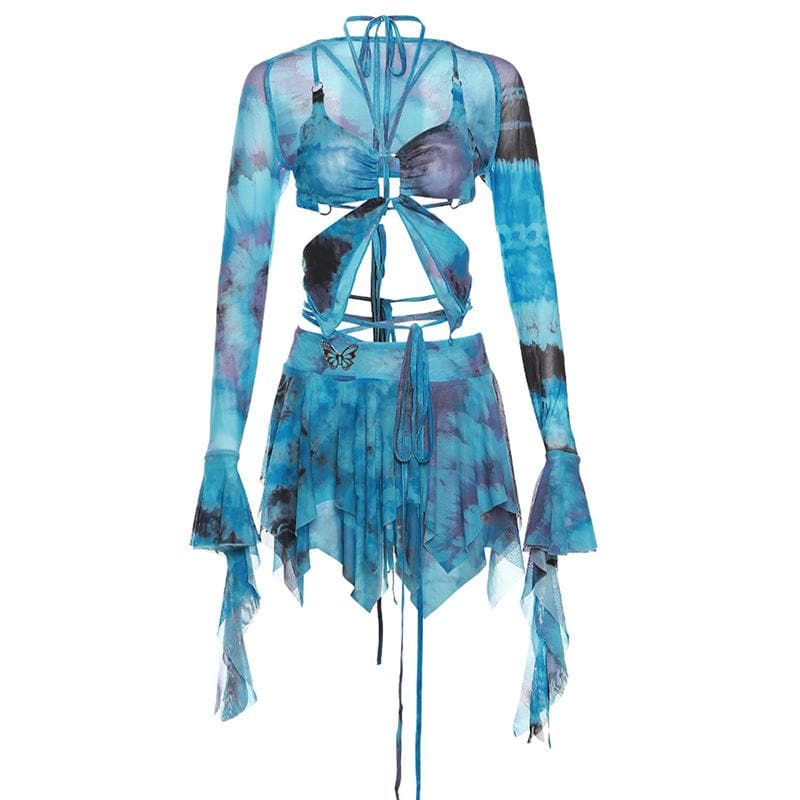 Enchanted Fairycore Tie-Dye Mini Skirt Set - Butterfly Halter Top & Flared Sleeves for Halloween & Rave Parties