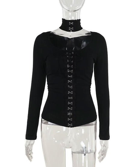 Sultry Black Lace-Up Corset Long Sleeve Top with Choker - Fall & Winter Edgy Chic