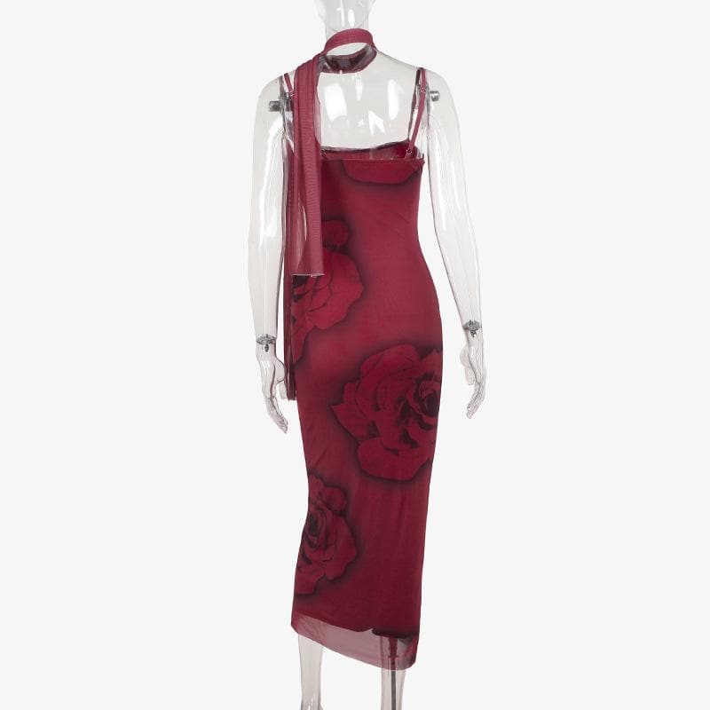 Romantic Rose Mesh Cami Midi Dress | Elegant Ruffle Backless for Fall & Holiday Parties