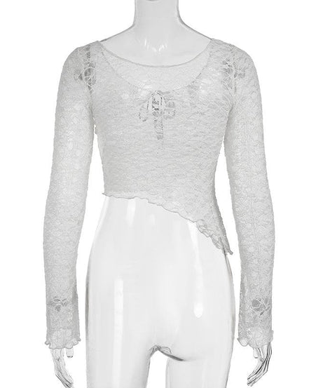 Romantic Lace Bow Front Asymmetrical Bell Sleeve Top - Fall's Must-Have Sheer Layer