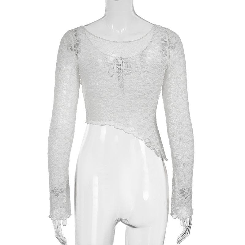 Romantic Lace Bow Front Asymmetrical Bell Sleeve Top - Fall's Must-Have Sheer Layer