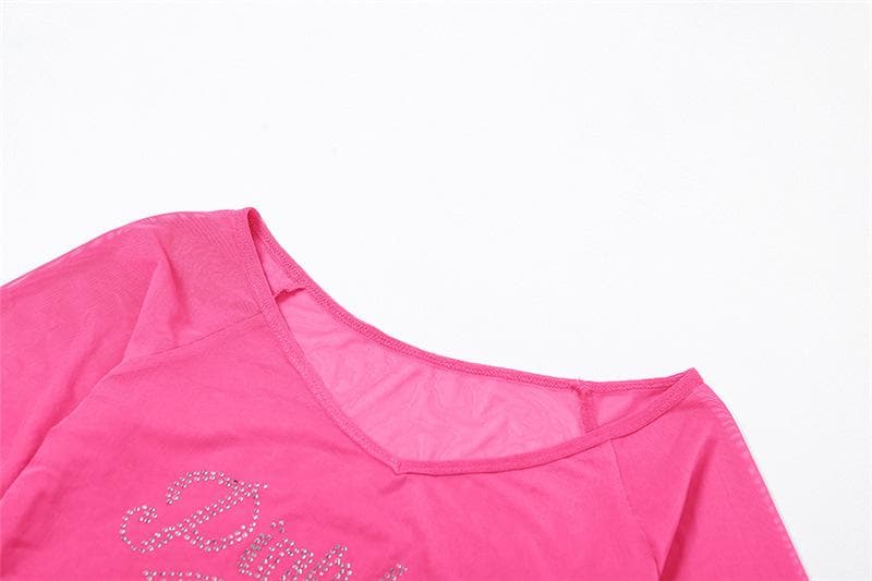 Y2K Glam "Pinkbaby" Rhinestone Mesh Halter Crop Top - Edgy Fall Party & Halloween Essential