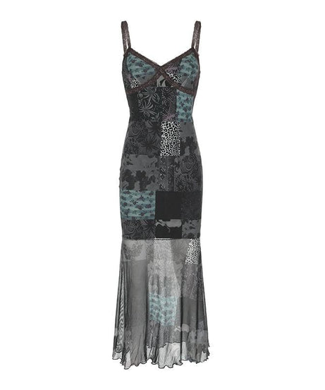 Enchanting Patchwork Mesh Maxi Slip Dress | Velvet, Lace & Fall Grunge Chic