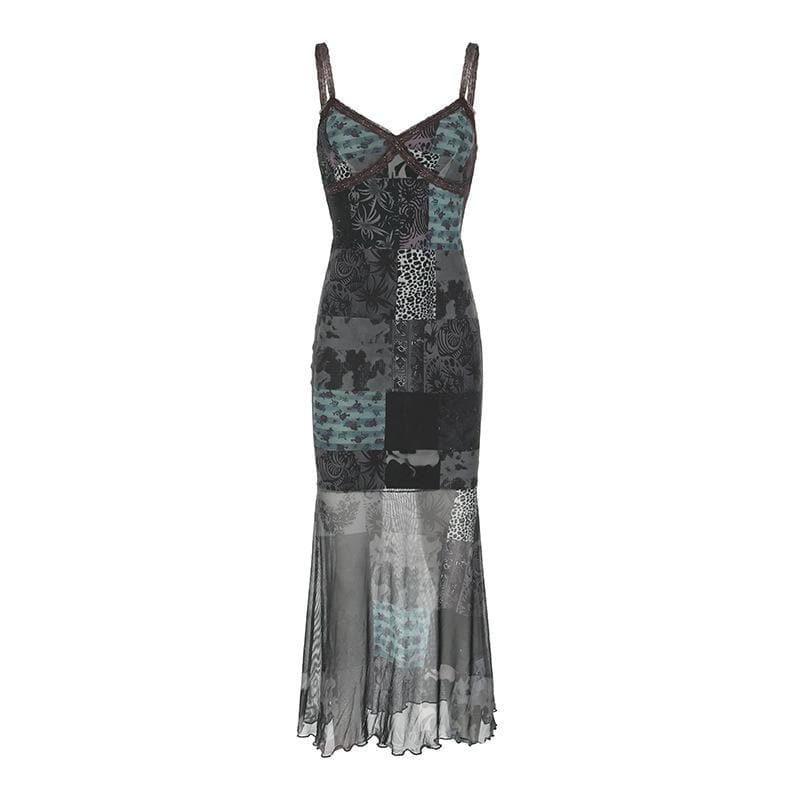 Enchanting Patchwork Mesh Maxi Slip Dress | Velvet, Lace & Fall Grunge Chic