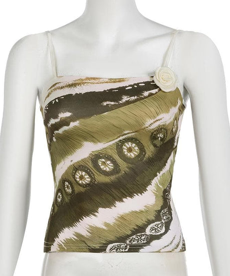 Autumn Meadow Chic: Olive Green Abstract Print Cami with Dainty Rose Appliqué