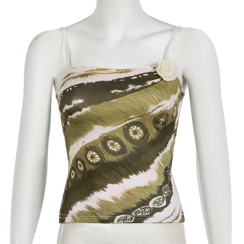 Autumn Meadow Chic: Olive Green Abstract Print Cami with Dainty Rose Appliqué