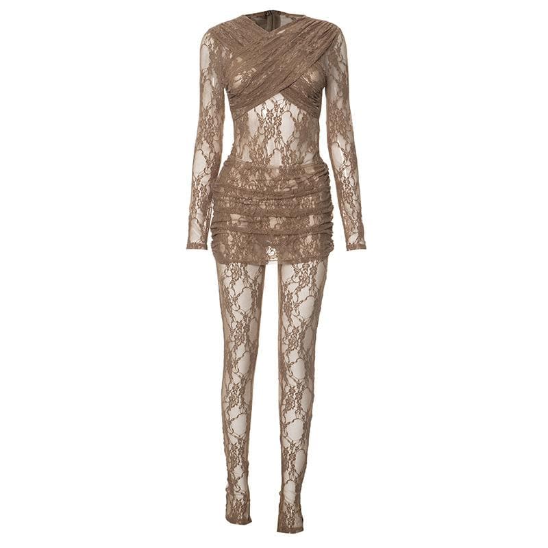 Gothic Chic Sheer Lace Mini Dress & Leggings Set - Perfect for Halloween & Fall Nights Out