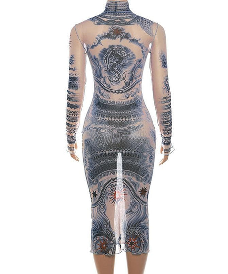 Edgy Tattoo Illusion Mesh Midi Dress with Gloves - Fall & Halloween Statement Piece