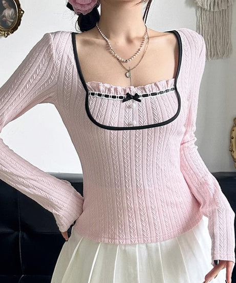 Sweetheart Pink Ribbed Knit Top - Chic Square Neck Long Sleeve with Ruffle & Bow Detail for Fall