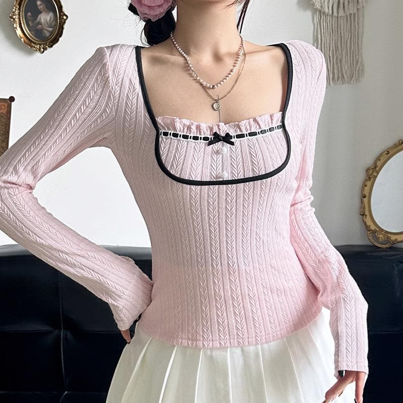 Sweetheart Pink Ribbed Knit Top - Chic Square Neck Long Sleeve with Ruffle & Bow Detail for Fall