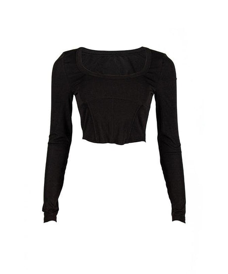 Chic Black Bustier Square Neck Long Sleeve Crop Top - Fall & Holiday Essential