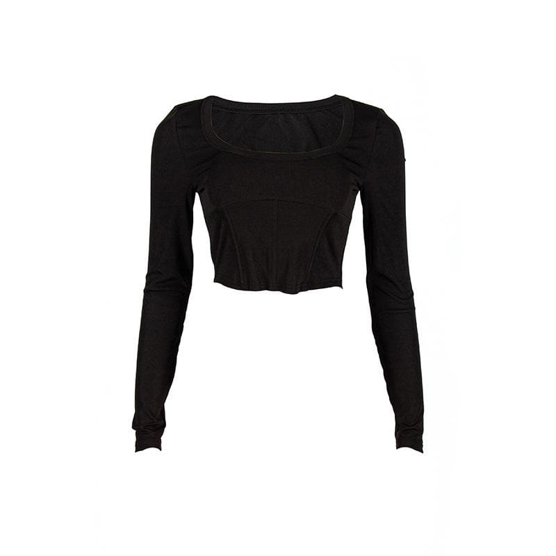 Chic Black Bustier Square Neck Long Sleeve Crop Top - Fall & Holiday Essential