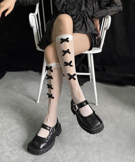 Gothic Glam Black Bow Knee-High Socks | Alt-Fashion Hosiery for Fall & Halloween