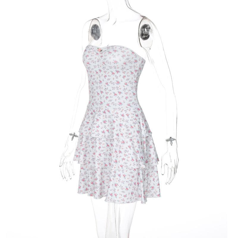 Pink Floral Strapless Sweetheart Mini Dress - Tiered Ruffle Vacation & Resort Chic