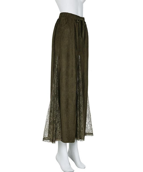 Effortless Fall Boho Chic: Olive Green Drawstring Maxi Skirt with Lace Slit & Pockets