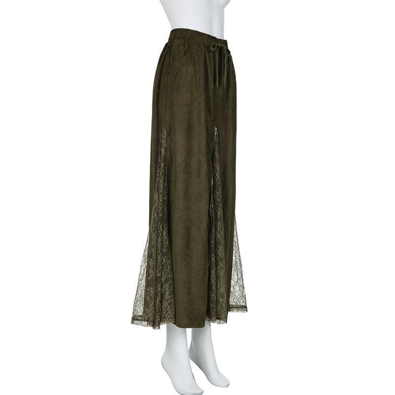 Effortless Fall Boho Chic: Olive Green Drawstring Maxi Skirt with Lace Slit & Pockets