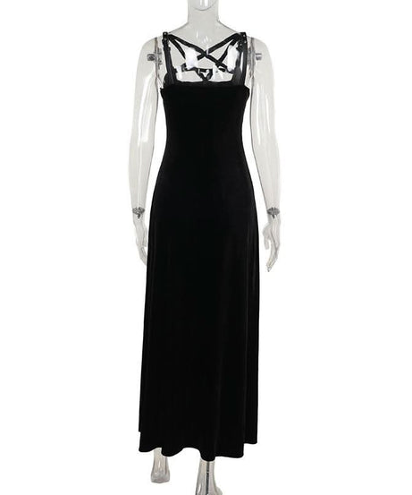 Midnight Velvet Maxi Dress with Star-Strap Neckline & High Slit - Fall & Holiday Party Glamour