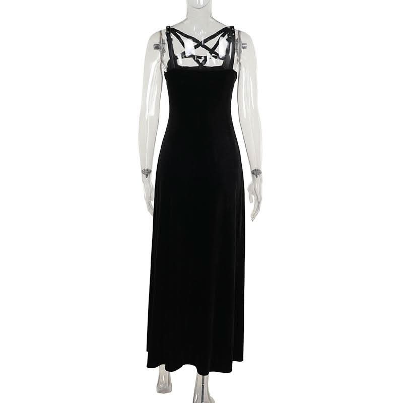 Midnight Velvet Maxi Dress with Star-Strap Neckline & High Slit - Fall & Holiday Party Glamour