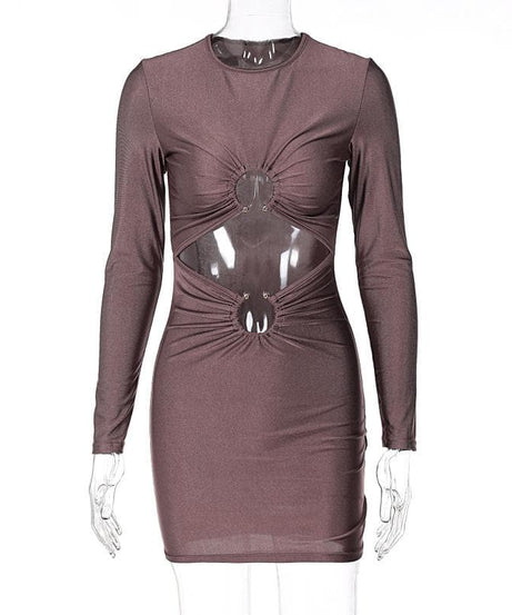 Fall Party Ready: Chic O-Ring Cutout Long Sleeve Mini Dress | Bodycon Ruched Style