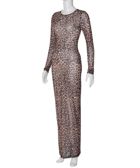 Fierce Leopard Print Sheer Maxi Dress - Long Sleeve Mesh for Fall & Holiday Glam
