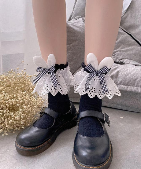 Whimsical Fall Academia: Gingham Bow & Bunny Ear Lace Ankle Socks for Women