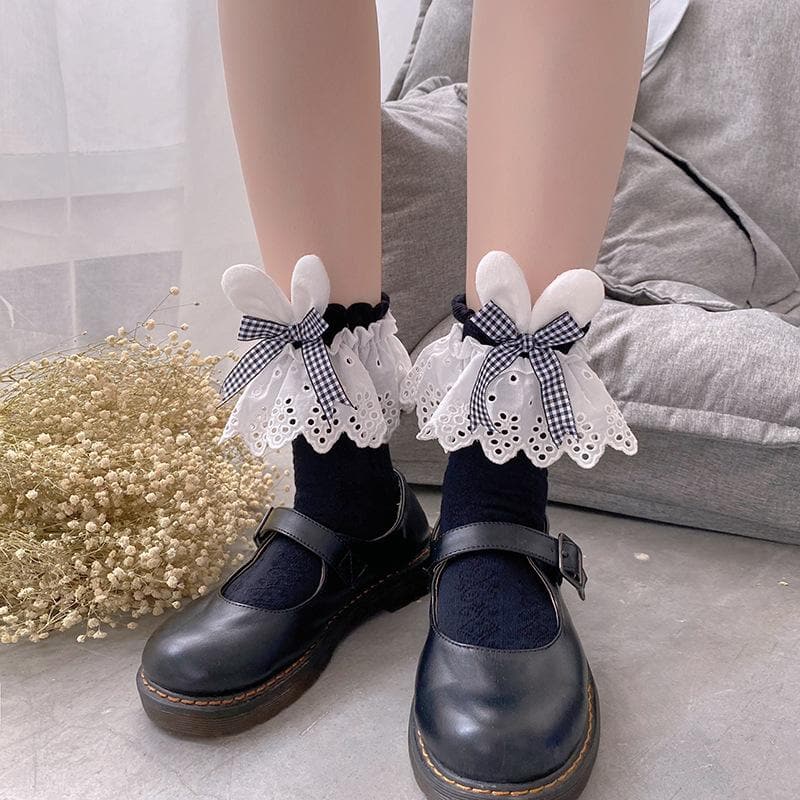 Whimsical Fall Academia: Gingham Bow & Bunny Ear Lace Ankle Socks for Women