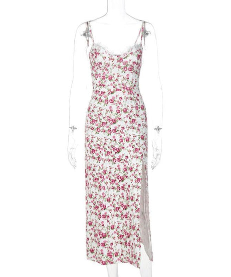 Romantic White Floral Lace Trim Cami Midi Dress with High Slit - Chic Autumn Events & Vacation Style