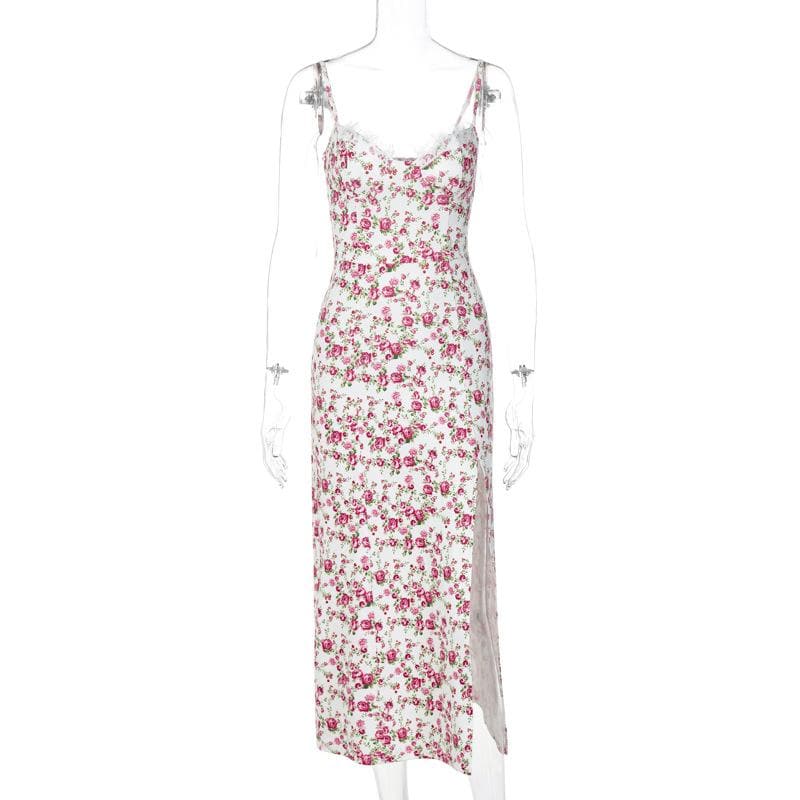 Romantic White Floral Lace Trim Cami Midi Dress with High Slit - Chic Autumn Events & Vacation Style