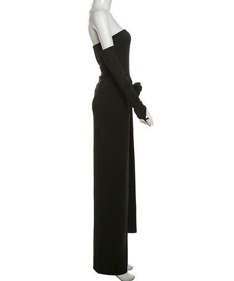 Scarlet Rose High Slit Maxi Dress | Strapless Gown with Detached Sleeves for Holiday & Gala Season