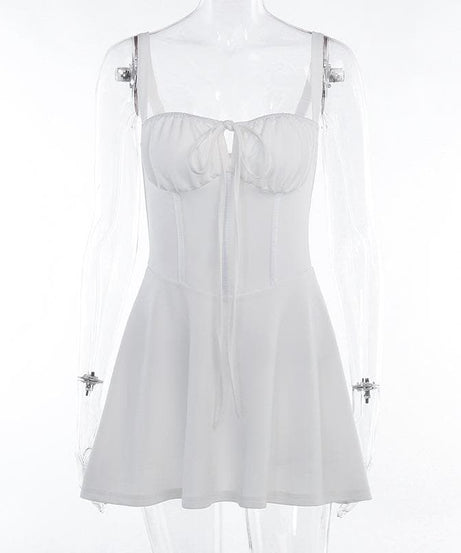 White Drawstring Ruched Bustier Mini Dress - Flirty Cami Cutout for Parties, Vacations & Halloween