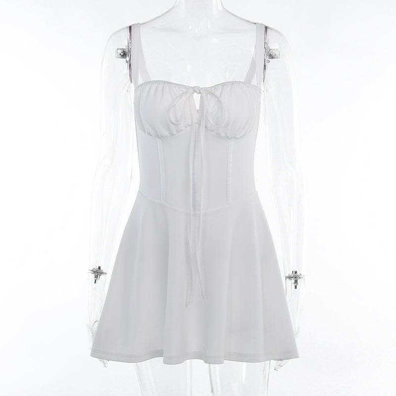 White Drawstring Ruched Bustier Mini Dress - Flirty Cami Cutout for Parties, Vacations & Halloween