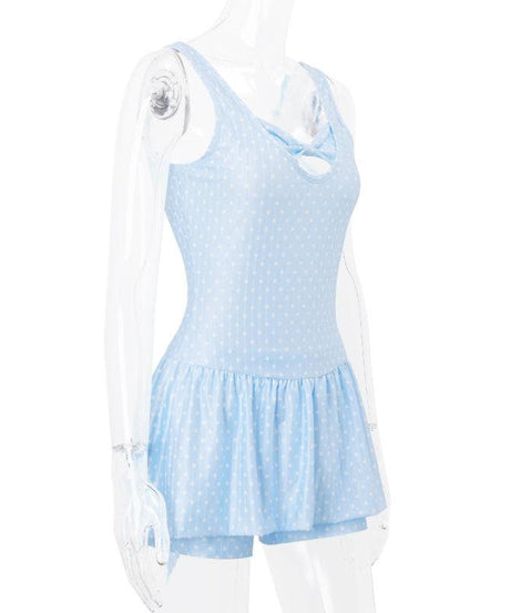 Women's Light Blue Polka Dot Swim Dress with Bowknot Detail & Shorts – Your Fall/Winter Vacation Essential