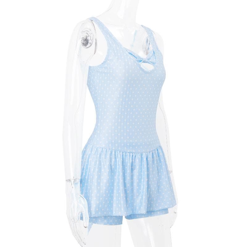 Women's Light Blue Polka Dot Swim Dress with Bowknot Detail & Shorts – Your Fall/Winter Vacation Essential
