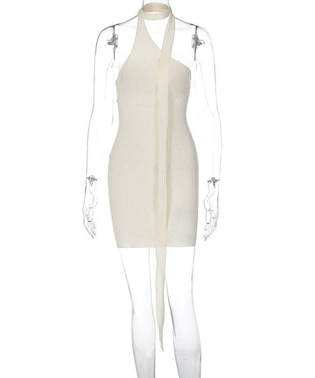 Chic Asymmetrical Ribbed Mini Dress - One-Shoulder Halter for Fall Parties & Holiday Nights