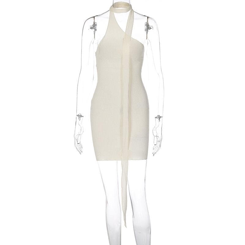 Chic Asymmetrical Ribbed Mini Dress - One-Shoulder Halter for Fall Parties & Holiday Nights
