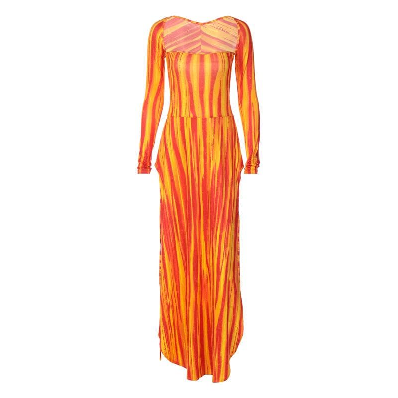 Vibrant Sunset Stripe Long Sleeve Maxi Dress - Fall Statement Style