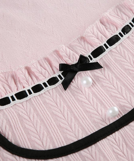 Sweetheart Pink Ribbed Knit Top - Chic Square Neck Long Sleeve with Ruffle & Bow Detail for Fall